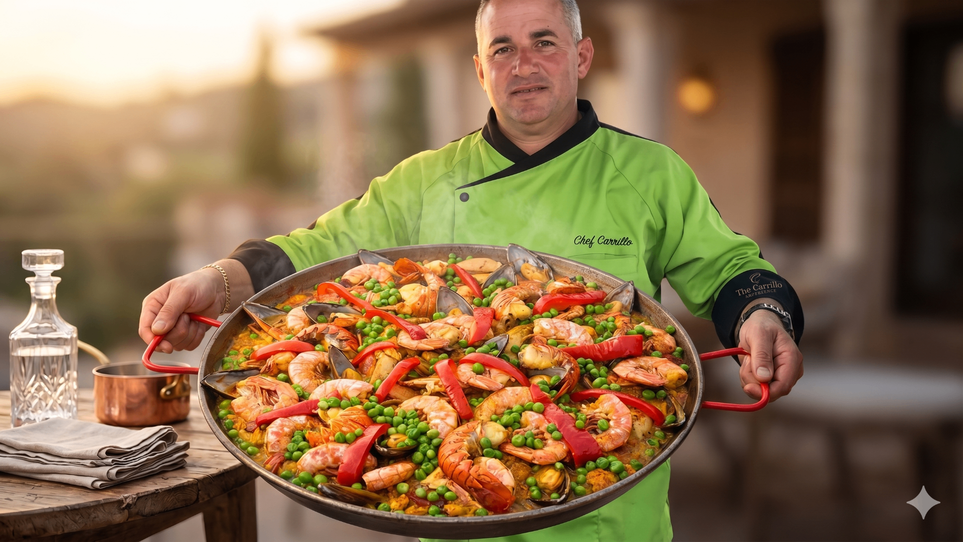 Chef Carrillo con paella recién preparada